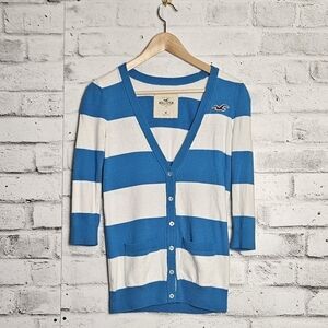 Hollister Women's Blue and White Striped Button Up Cardigan